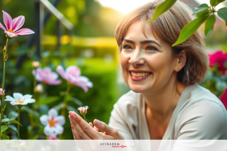 Woman in garden smiling at pink flowers, outdoor setting, springtime ambiance, greenery, happiness and tranquility.