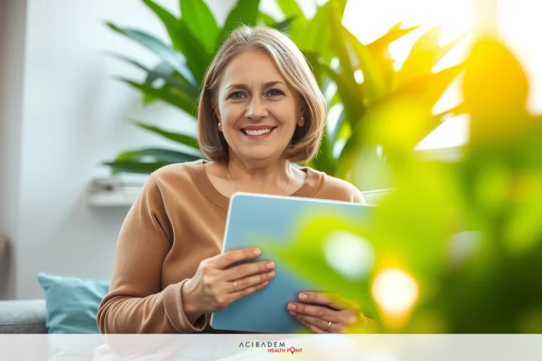 Smiling older woman in a room with greenery. She is sitting comfortably on a couch, holding a tablet.