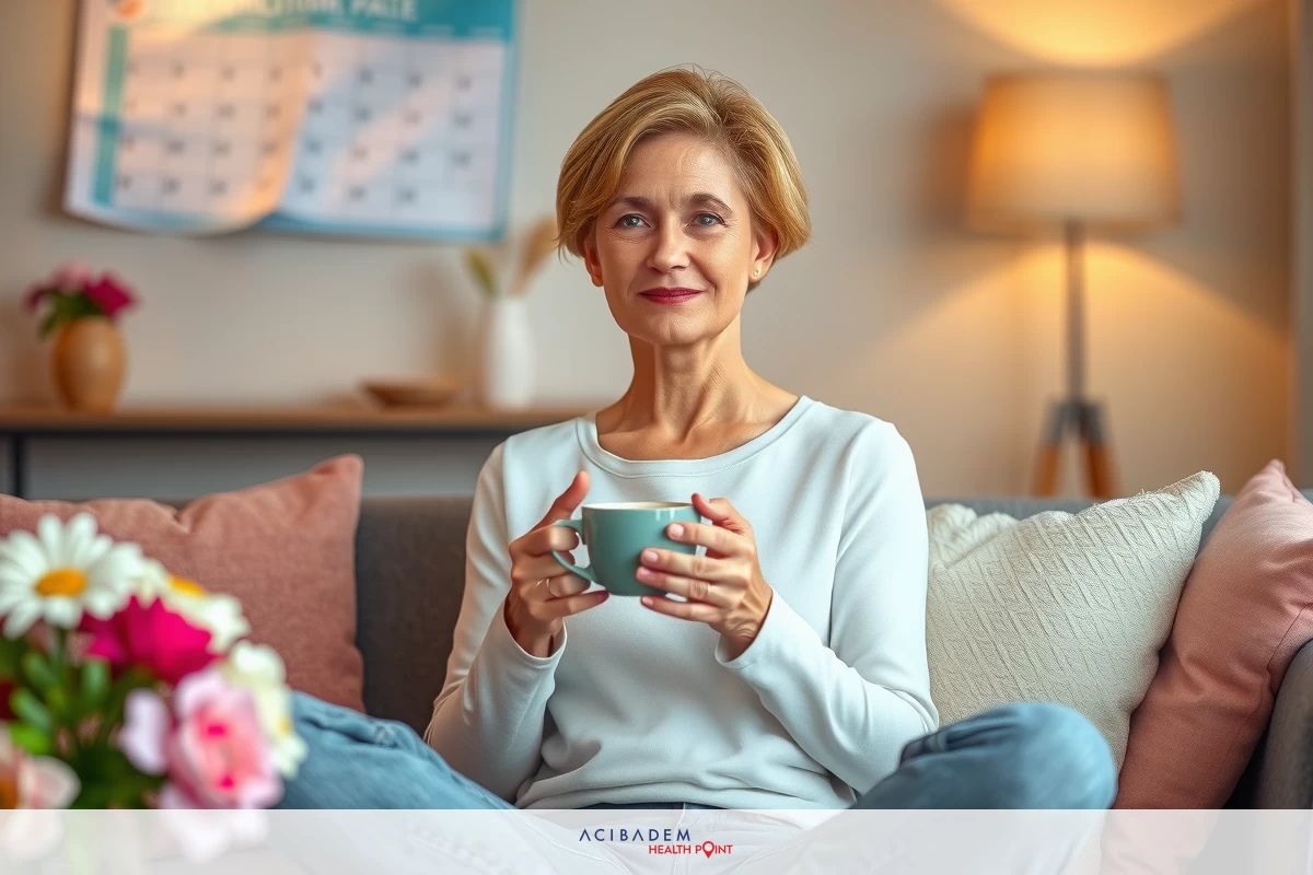 A woman is sitting on a couch, holding a mug of coffee. She appears to be enjoying a moment of relaxation or contemplation in the comfort of her home.