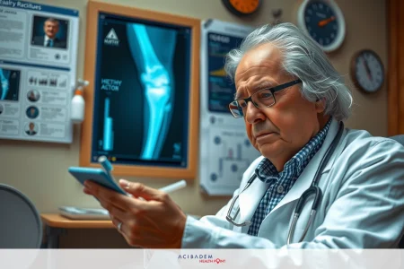 The Closed Head Injury Evidence-Based Algorithms Guide The image portrays a man in a doctor's office, dressed as a medical professional with a stethoscope around his neck. He is holding a tablet or smartphone. The setting suggests a clinical environment with various medical equipment visible.