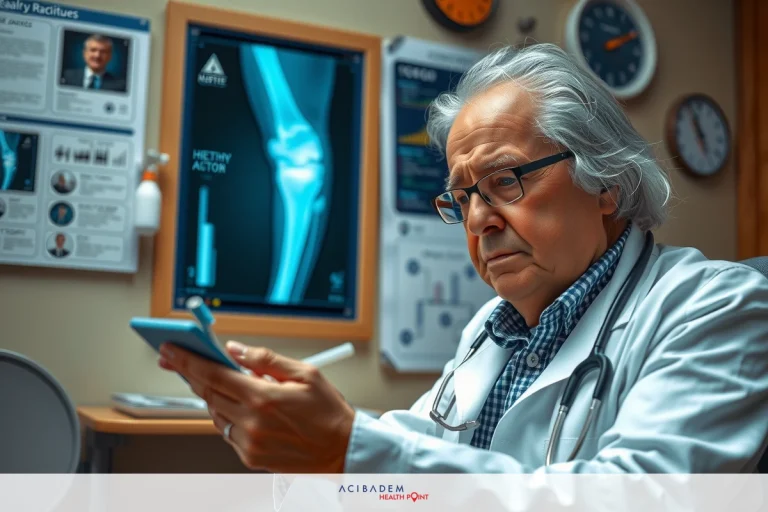 The image portrays a man in a doctor's office, dressed as a medical professional with a stethoscope around his neck. He is holding a tablet or smartphone. The setting suggests a clinical environment with various medical equipment visible.