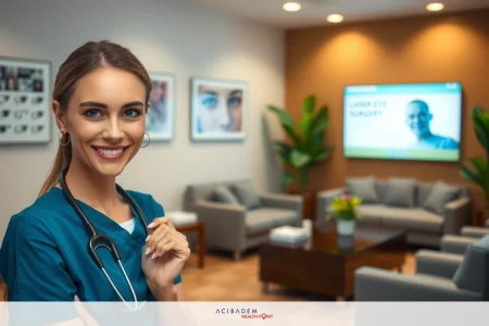 A nurse in a blue scrub smiling at the camera in an office setting. The environment is well-lit with a comfortable, modern decor featuring couches and a TV displaying health-related content.