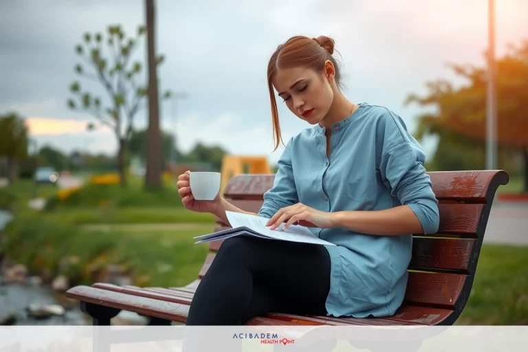The image shows a woman sitting on a park bench with her legs crossed, engaged in reading in papers. She is wearing a light blue dress and has blonde hair tied up. The environment appears to be an urban park with trees and grass around the bench, indicating a pleasant outdoor setting during what seems like either late afternoon or early morning due to the soft lighting.