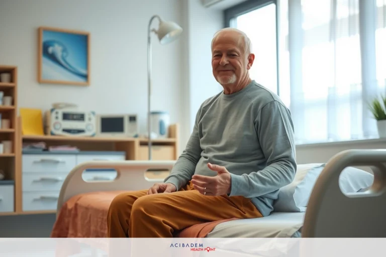 Man sitting on hospital bed smiling, wearing grey hospital gown. Hospital room with medical equipment and natural light from windows.