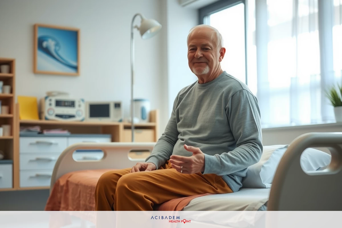 Man sitting on hospital bed smiling, wearing grey hospital gown. Hospital room with medical equipment and natural light from windows.
