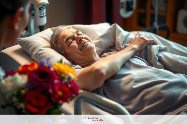 Hospital room with a patient in bed smiling at a visitor. Flowers on the tray beside the bed.