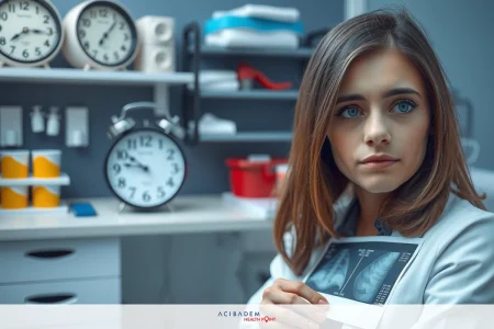 The image shows a woman, possibly a doctor or medical professional, seated at what appears to be an examination table in a well-equipped medical setting. The focus is on her hands holding X-ray films and her intense gaze towards the viewer.