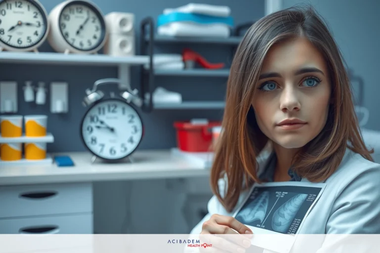 The image shows a woman, possibly a doctor or medical professional, seated at what appears to be an examination table in a well-equipped medical setting. The focus is on her hands holding X-ray films and her intense gaze towards the viewer.