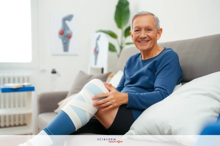 The image shows an elderly woman sitting on a couch with her leg in a blue brace. She is smiling and appears to be comfortable, possibly at home. There is a potted plant in the background, contributing to a warm indoor setting.