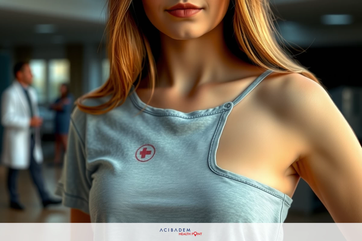 The image depicts a woman in an indoor setting, possibly a medical or clinical environment. She is wearing a light grey tank top with a visible red emblem on the right side, and her posture suggests she's posing for the photo.