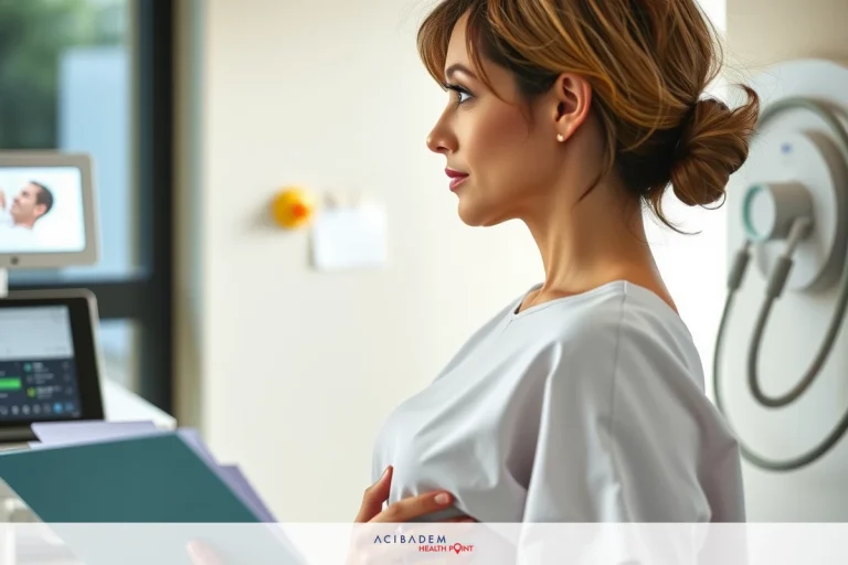 A woman in a white medical gown is sitting at a desk, looking at a monitor. She appears to be reviewing the scan. The environment suggests a professional medical setting, possibly a clinic or hospital.