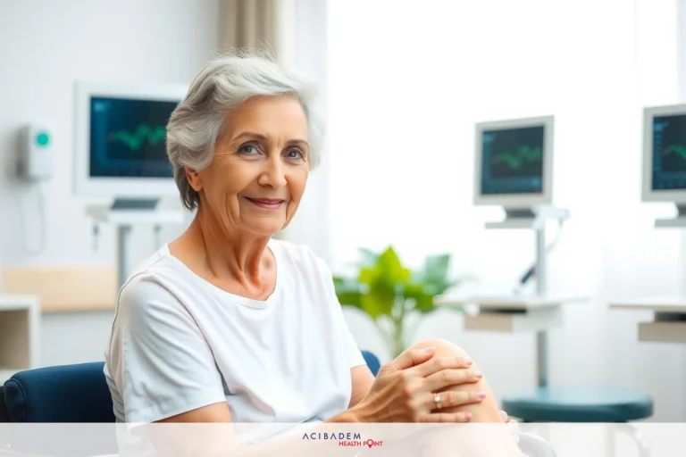 An older woman is seated in a clinical setting. She has her hand on her knee, and she appears to be wearing light, casual clothing. The background includes medical equipment such as monitors.