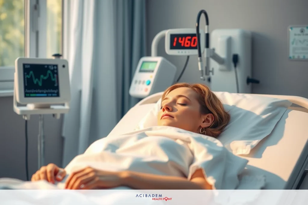 The image shows a woman lying in a hospital bed, likely for medical observation or treatment. She appears to be resting or possibly sedated as she is not visibly responding to the environment around her.