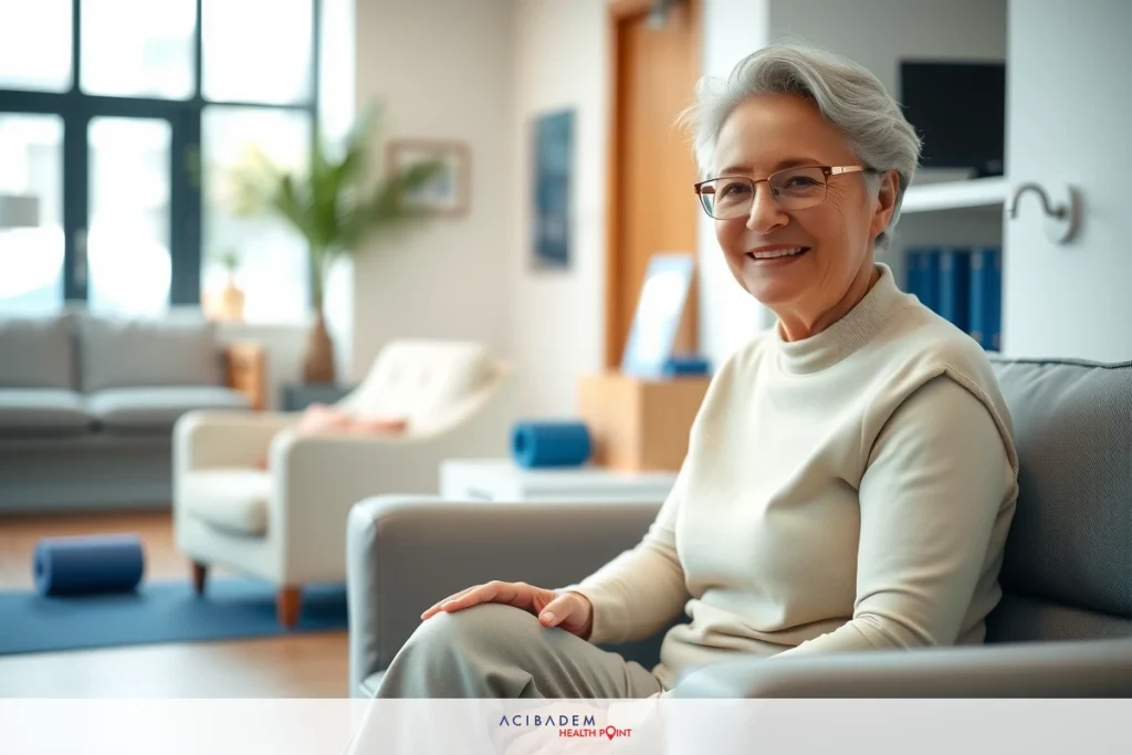The Duration of TLIF Surgery Recovery Procedure Time An elderly woman sits in a modern living room, smiling at the camera. She has white hair and is wearing glasses. The room has a contemporary look with a neutral color palette and minimalist decor.