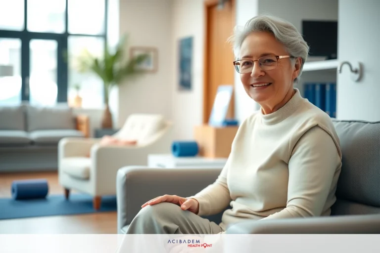 An elderly woman sits in a modern living room, smiling at the camera. She has white hair and is wearing glasses. The room has a contemporary look with a neutral color palette and minimalist decor.