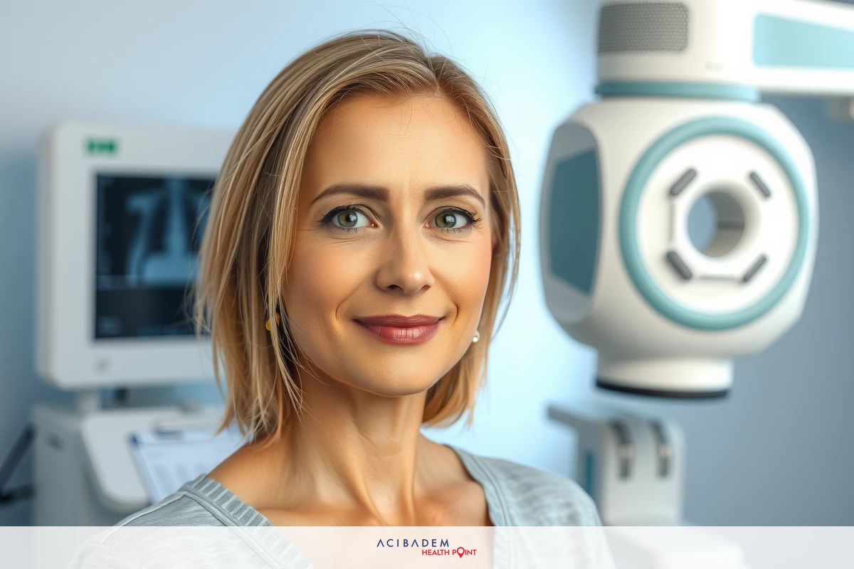 This is a photograph of a woman in a medical setting, likely a radiology or healthcare facility. The central focus is on her smiling face, which suggests a positive attitude towards the situation.