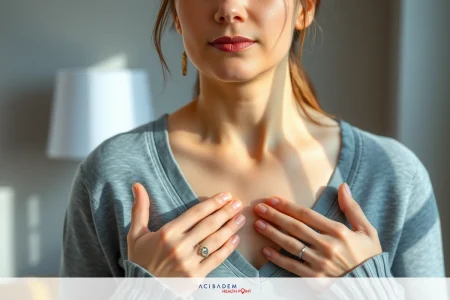 A woman wearing a knit sweater, her hands placed near her collarbones, with her gaze directed towards the camera.