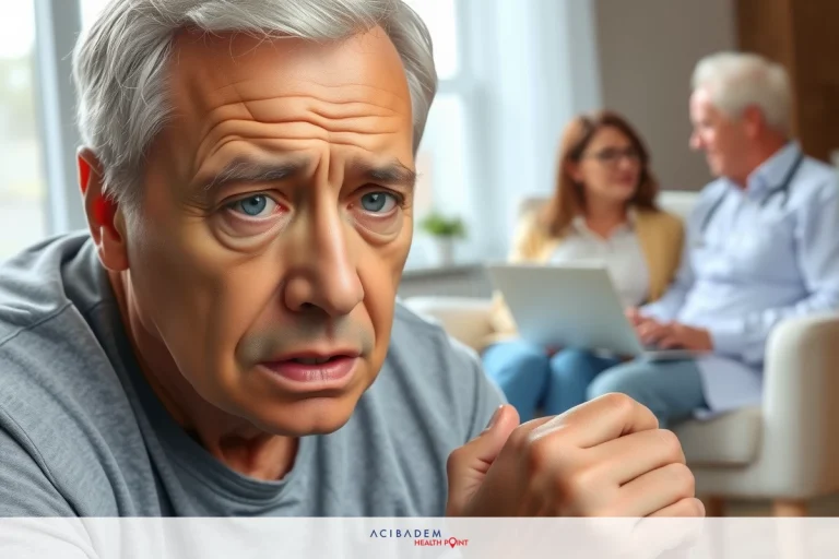 The image shows a man sitting in a living room with a concerned expression, looking to the side as if something has caught his attention. He is casually dressed in a grey t-shirt and has short gray hair.