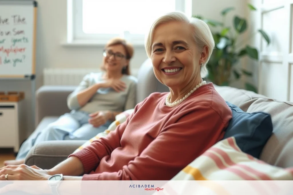 The image shows an older woman and a younger woman seated on a couch in what appears to be a comfortable indoor environment, possibly a living room.