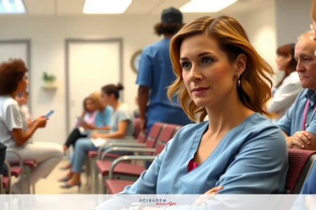 The image depicts an indoor setting that appears to be a hospital ward or a medical conference room. The central figure is a woman in scrubs, who seems to be a nurse or a healthcare professional.