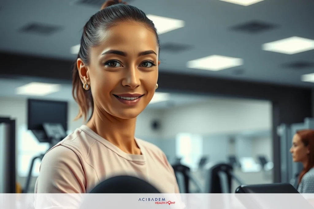 The image depicts a woman in a gym setting. She is smiling and appears to be engaged in an exercise routine, possibly on a treadmill given the blurred background indicative of motion.
