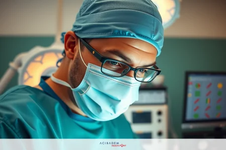 The image shows a medical professional, likely a surgeon or anesthesiologist, wearing full surgical attire including scrubs, gloves, and a face mask.
