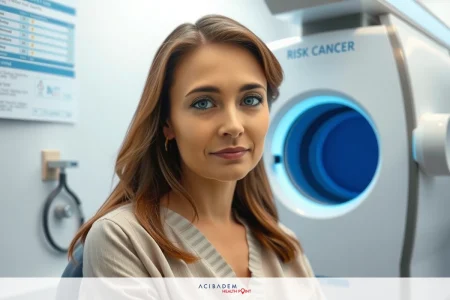 The What is Geographic Atrophy of the Eye The image shows a woman in a medical setting. She is seated and appears to be undergoing a CT scan as indicated by the surrounding equipment.