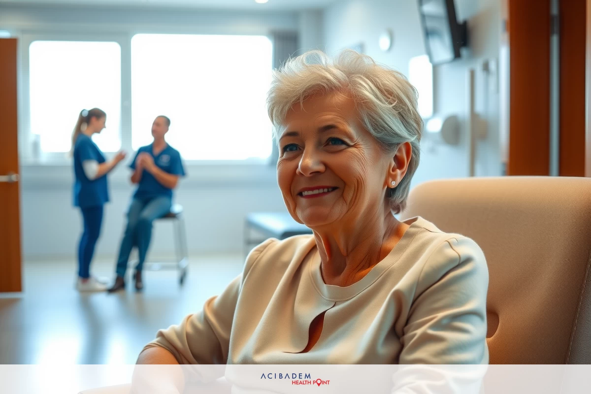 The image shows an elderly woman sitting in a hospital bed. She appears content and is looking towards the camera with a smile on her face.