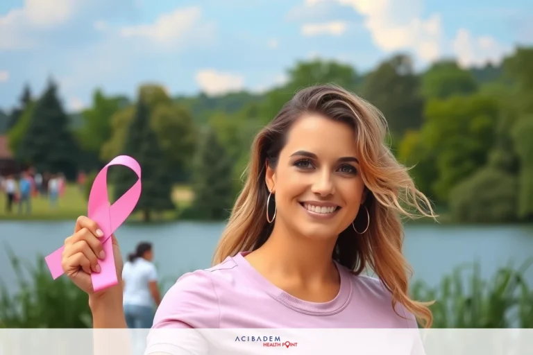 A woman holding a pink ribbon, smiling and posing for the camera. She has light hair and is wearing a lavender top with white trim.