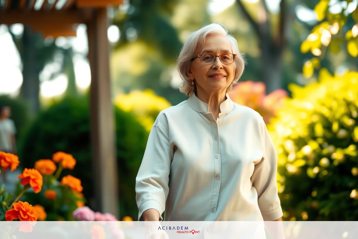 An older woman with white hair is smiling as she walks past a garden. She is dressed in a light-colored top, and there are various flowers visible in the garden.