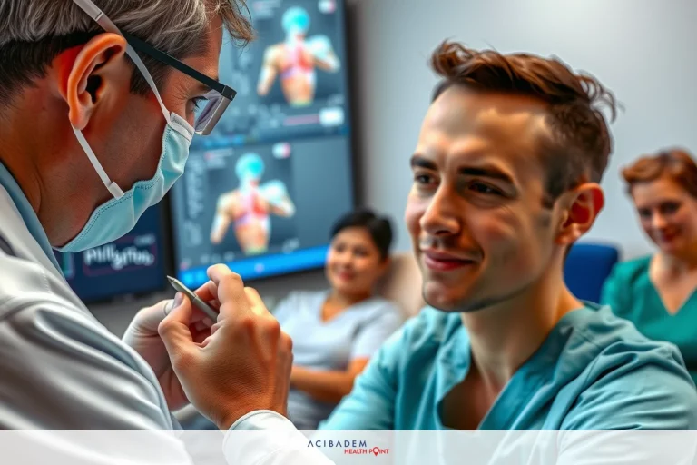 A doctor examines a patient in an environment where medical equipment and screens are visible. The patient wears scrubs that indicate a professional care environment.