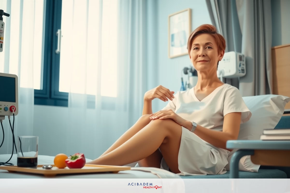 This image shows a woman in a hospital bed. She is wearing light-colored scrubs and sitting up against pillows, smiling at the camera. The room appears to be well-lit with natural light coming through a window. There are medical devices visible nearby, such as a heart monitor or pulse oximeter, indicating that she might be in the hospital for health reasons.