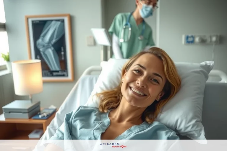 The image shows a hospital setting with a woman lying in bed. She is smiling, suggesting she is relaxed or at ease. Standing next to the bed is a male nurse, wearing medical scrubs and a face mask, indicating a professional environment.