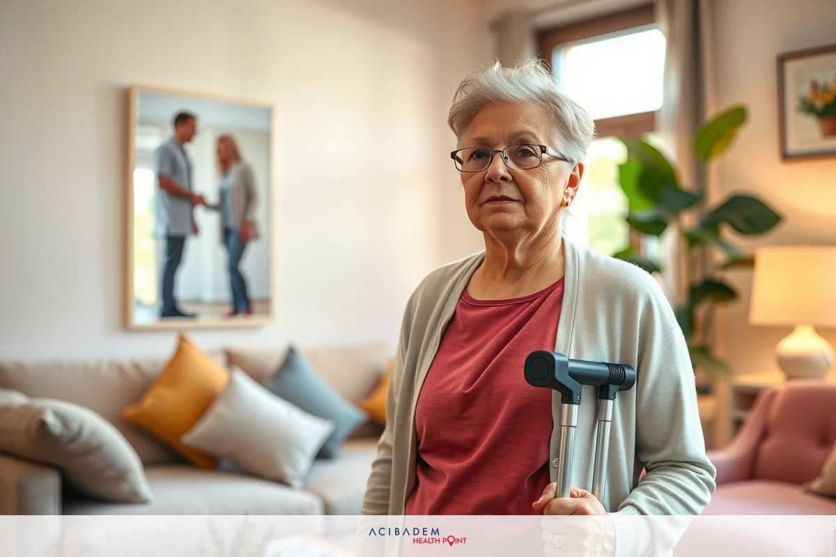 The image depicts an older woman standing in a living room, holding onto what appears to be a walking aid or cane. She is dressed casually and looks towards the camera with a neutral expression. The room has a cozy ambiance with comfortable furniture such as couches and a potted plant visible in the background.