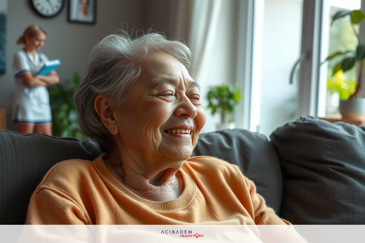 The image shows an older woman sitting on a couch and smiling. She is wearing a yellow top, suggesting a warm tone to the scene.