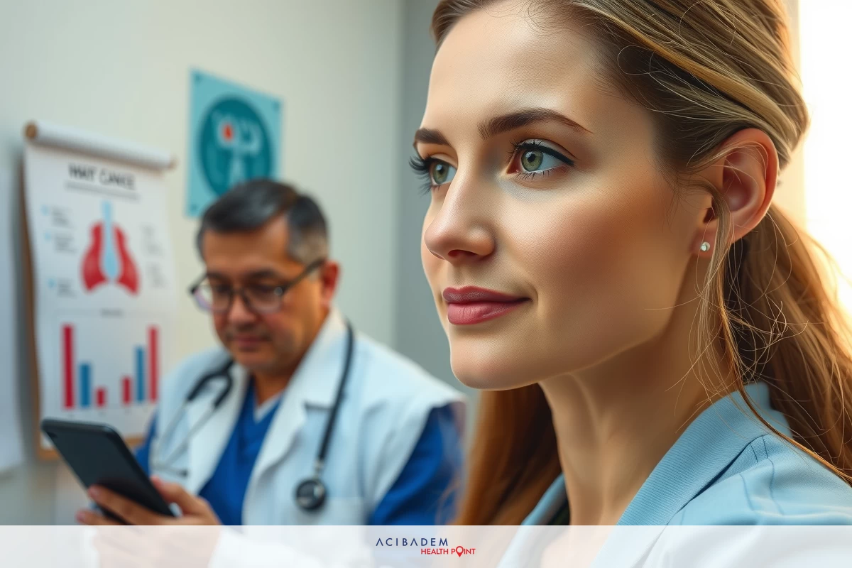 The image depicts a clinical setting with two individuals, one wearing scrubs and the other in professional attire, likely a doctor's coat.