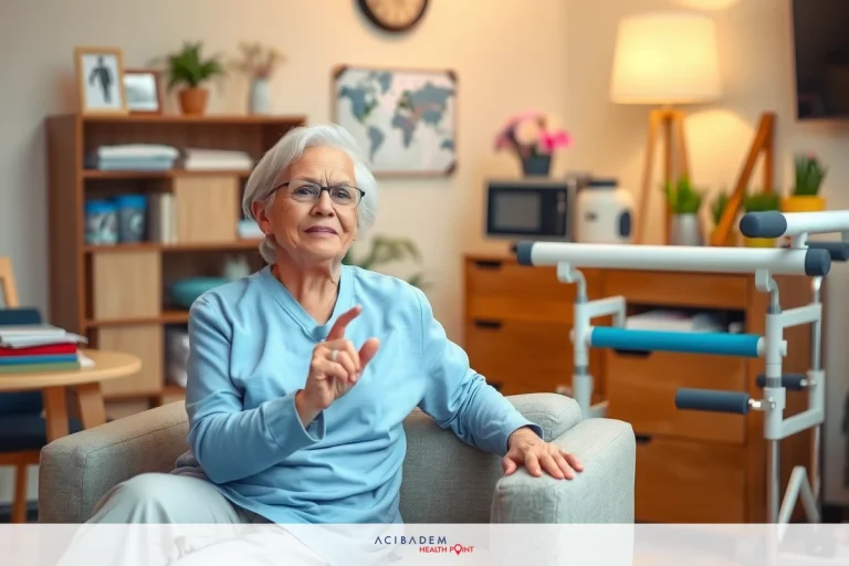 This is a photograph featuring an older woman seated in what appears to be a home setting. She is wearing glasses and a blue top, and she seems to be engaged in conversation or providing information about something.