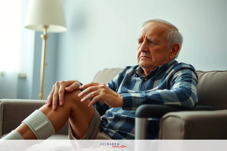 The image shows an elderly man sitting on a couch. He is wearing a leg brace and appears to be in discomfort or pain, possibly from the injury his leg suggests.