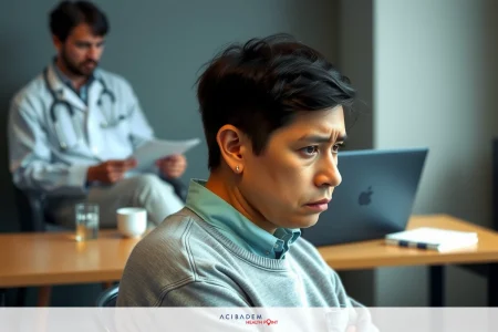 In the image, there is a man seated at a desk with another person standing behind him. The man in front appears to be looking down or focusing on something else, not directly interacting with the other person.