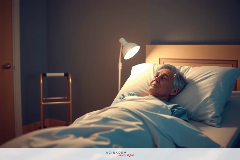 The image shows an elderly man lying in a hospital bed. He is covered with blankets and appears to be resting or sleeping. The room has a simple, clinical appearance with a lamp beside the bed providing light.