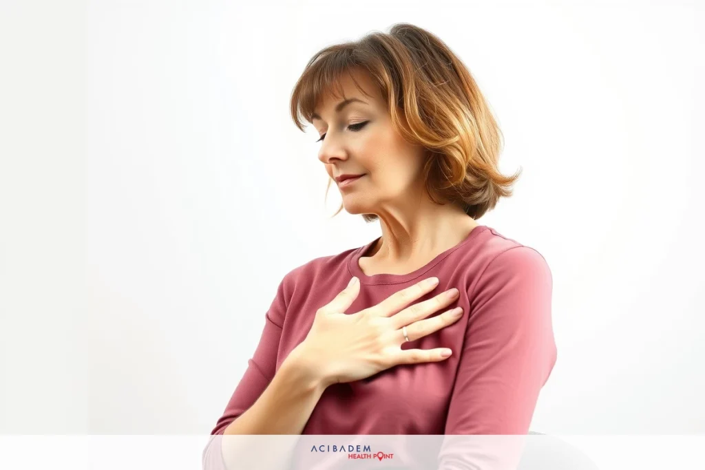 Woman wearing dark top with hand on chest, suggesting breathing or relaxation technique, against light background.