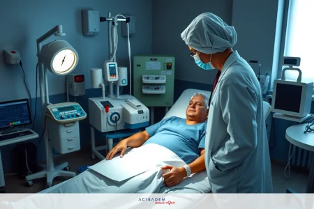 The Pediatric Brain Tumor Differential Diagnosis Guide Doctor in medical scrubs standing beside hospital bed, examining patient. The environment is clinical with medical equipment around.