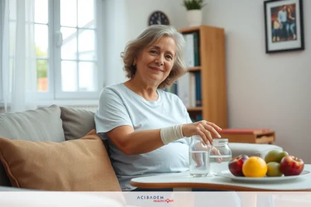 An older woman sitting on a couch in a bright room, smiling at the camera. She has a white t-shirt and a brace on her right hand. The room features a bookshelf with books and decorative items.