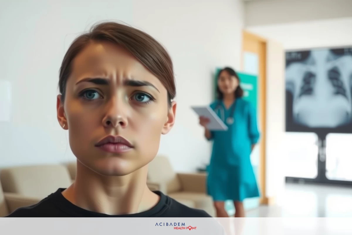 The image shows two women in an indoor setting. The woman in the foreground is seated on a couch, dressed in casual attire with a focused gaze directed towards the other woman who is standing and appears to be speaking or presenting information.