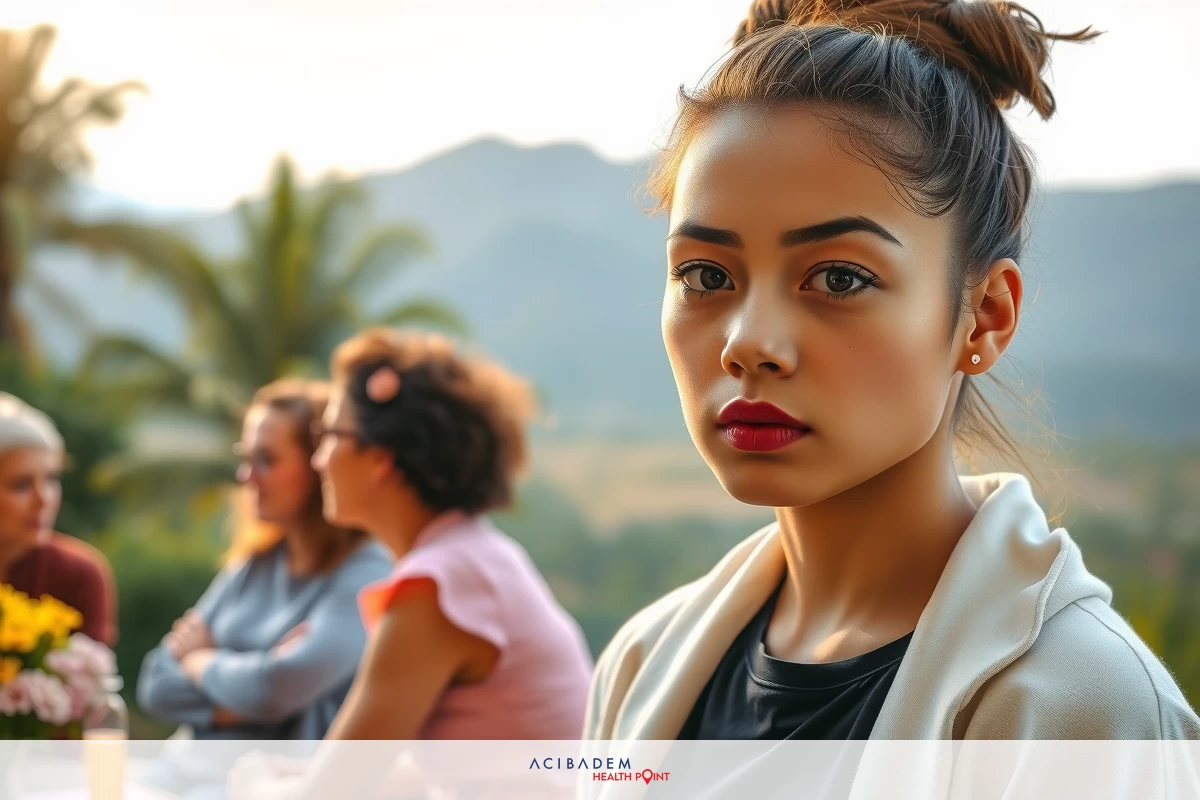 The image features a young woman in a mountainous environment, possibly during a picnic or social gathering. The woman is wearing lipstick and has her hair up, with the focus being on her expression as she looks at the camera.