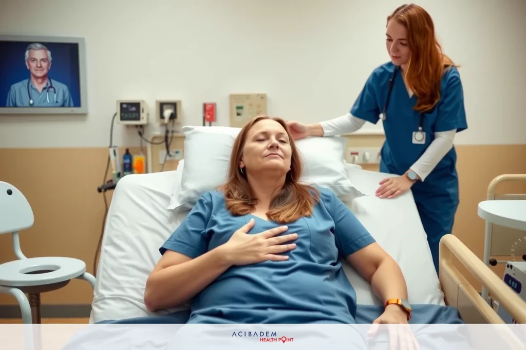 The image depicts an indoor medical setting, specifically a hospital room. There are two individuals present: one appears to be a healthcare professional, likely a nurse, dressed in scrubs and standing next to the other person who is lying on a hospital bed.