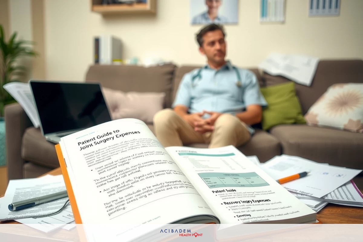 The image shows a man sitting on a couch, looking at papers and books spread out around him. He appears to be studying or researching something in a home setting. The environment suggests a comfortable and personal space, possibly a living room or study area.