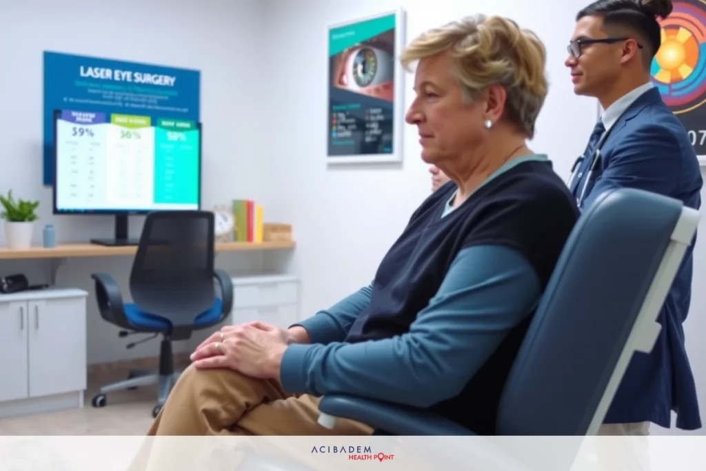The image shows a woman sitting in a medical chair, looking at a monitor showing data. She appears to be undergoing an examination or treatment with the help of two people standing behind her; one is wearing glasses and has a stethoscope around her neck.