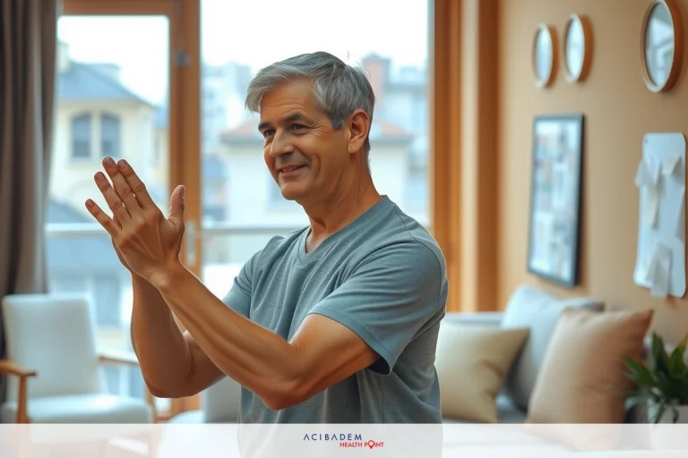 A smiling middle-aged man with gray hair standing in a modern, well-lit living room applauding.