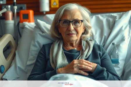 What autoimmune diseases are contagious The image shows an elderly woman lying in a hospital bed. She is wearing glasses and has gray hair. The room has various medical equipment, indicating she might be receiving treatment or recovering from an illness or surgery.